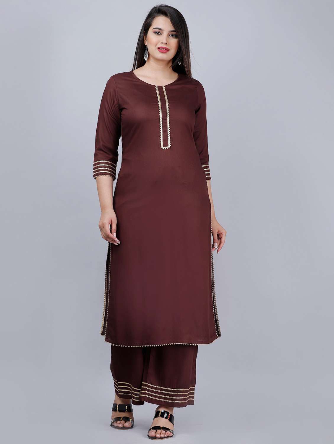 round neck solid kurta palazzo set - 20133023 - Zoom Image - 0