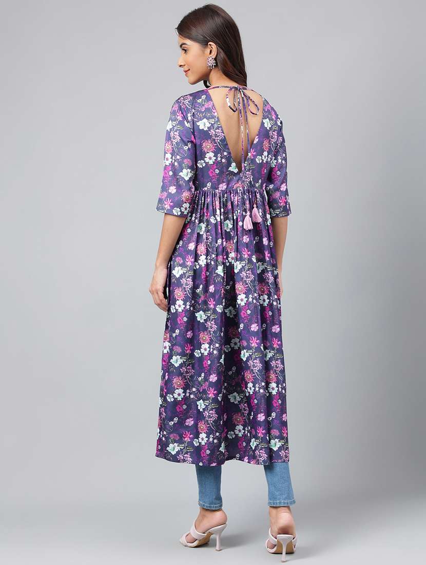 women floral printed satin flared kurta - 20133057 -  Standard Image - 5