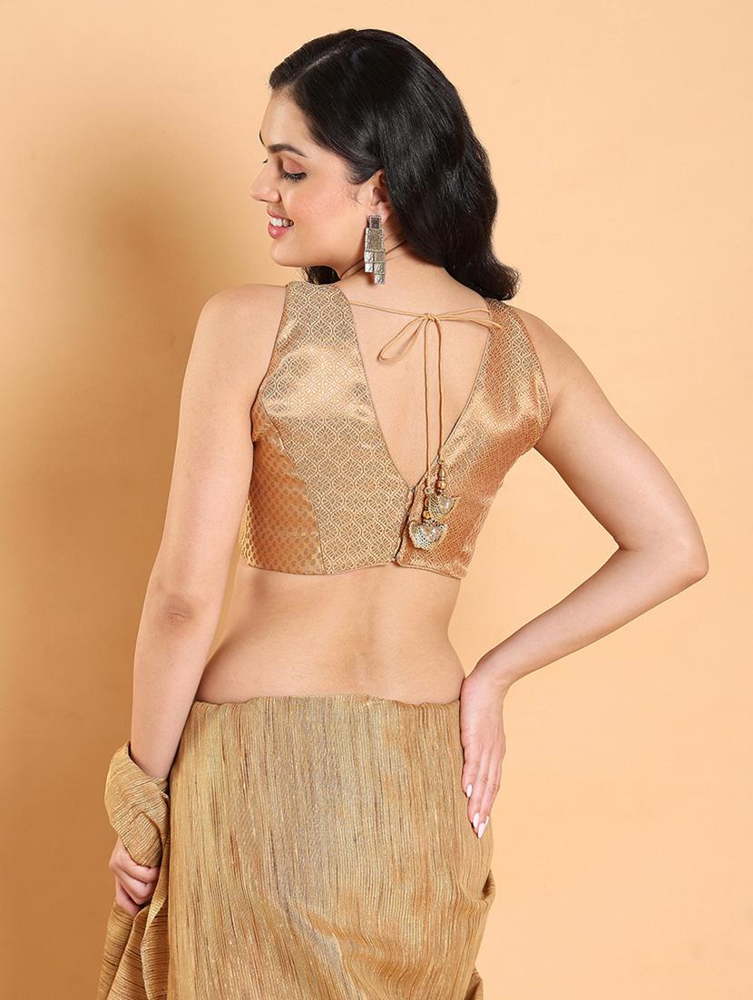 women gold v-neck stitched blouse - 20133187 - Standard Image - 3