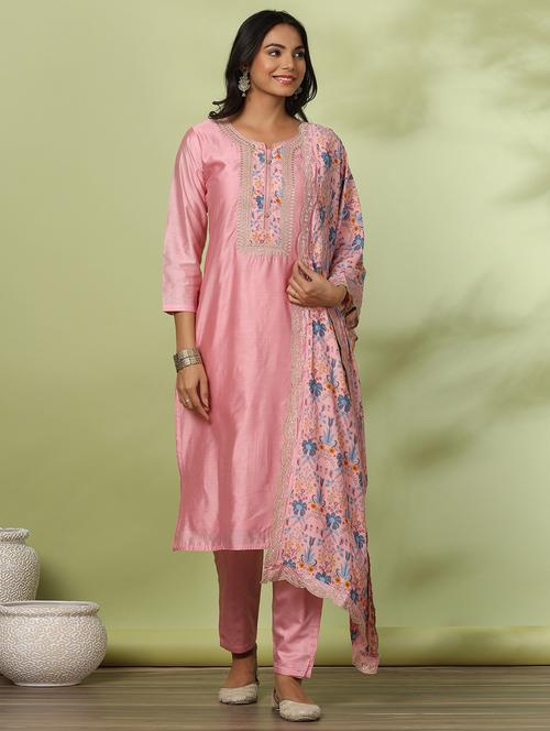 pink embroidered three quarter sleeve suit set - 20133257 -  Standard Image - 0