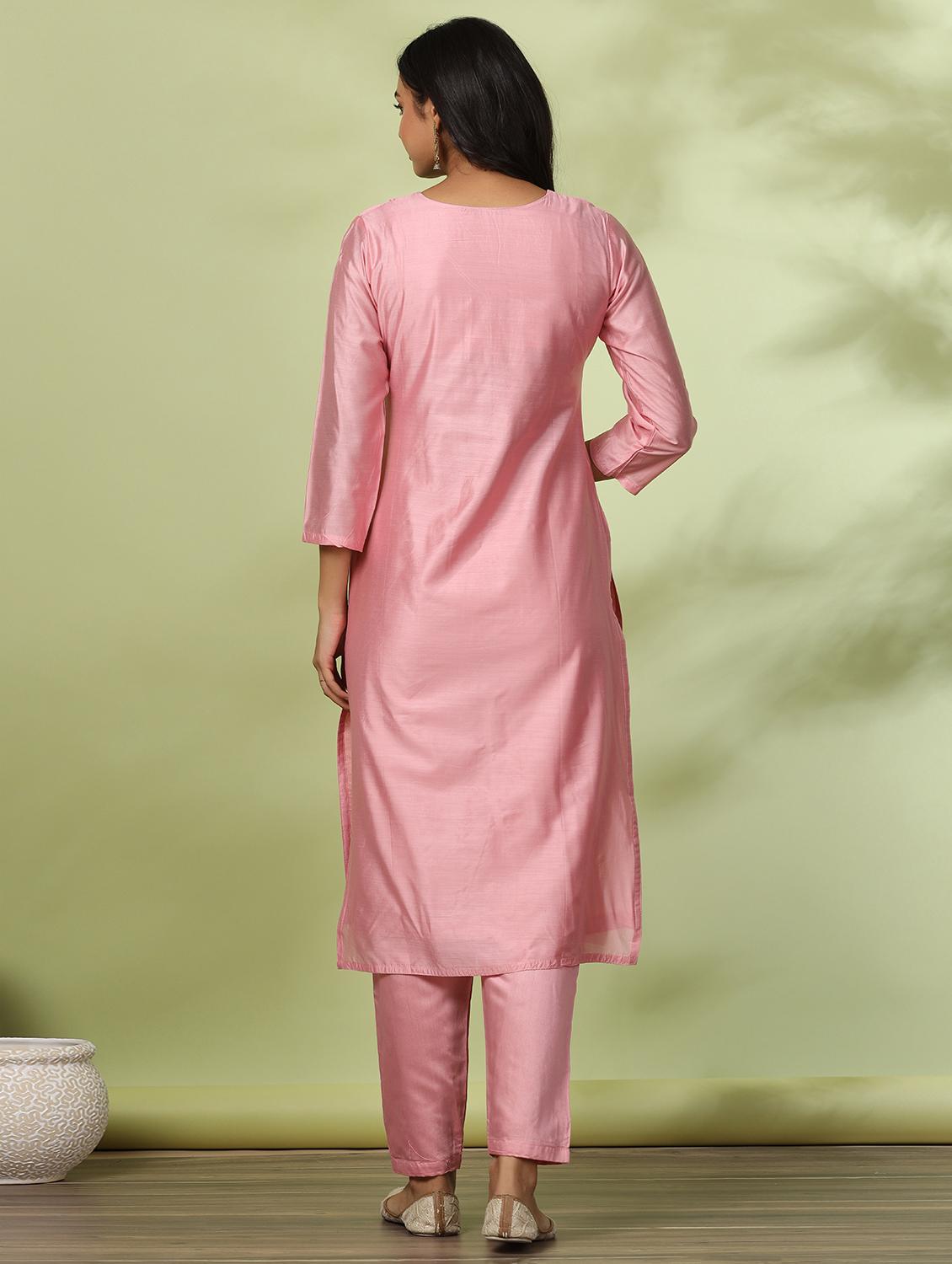 pink embroidered three quarter sleeve suit set - 20133257 - Standard Image - 3