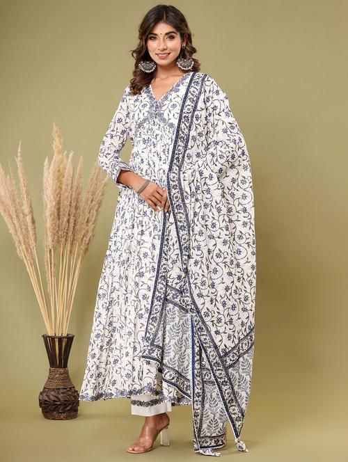 blue embroidered three quarter sleeve suit set - 20133258 -  Standard Image - 0