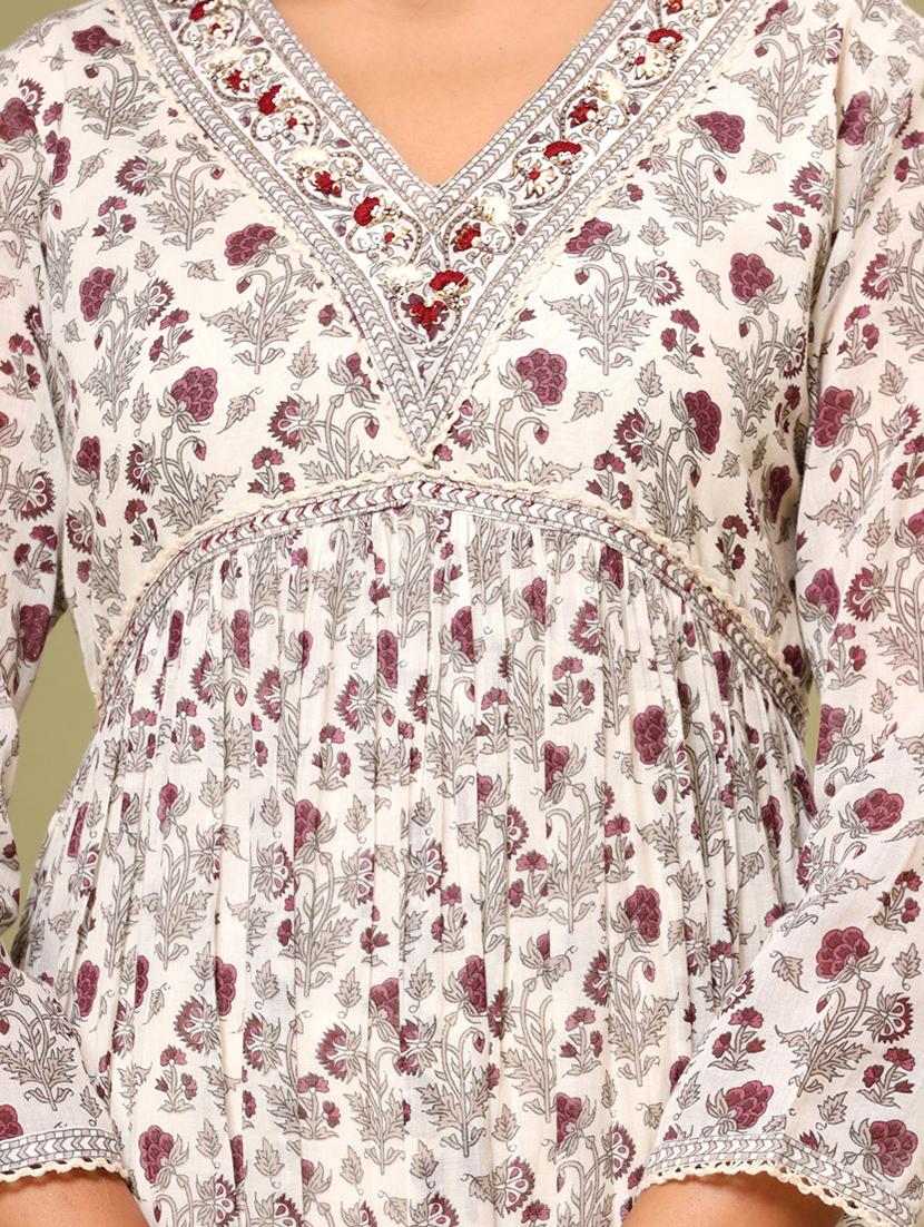 burgundy embroidered three quarter sleeve suit set - 20133260 - Standard Image - 5