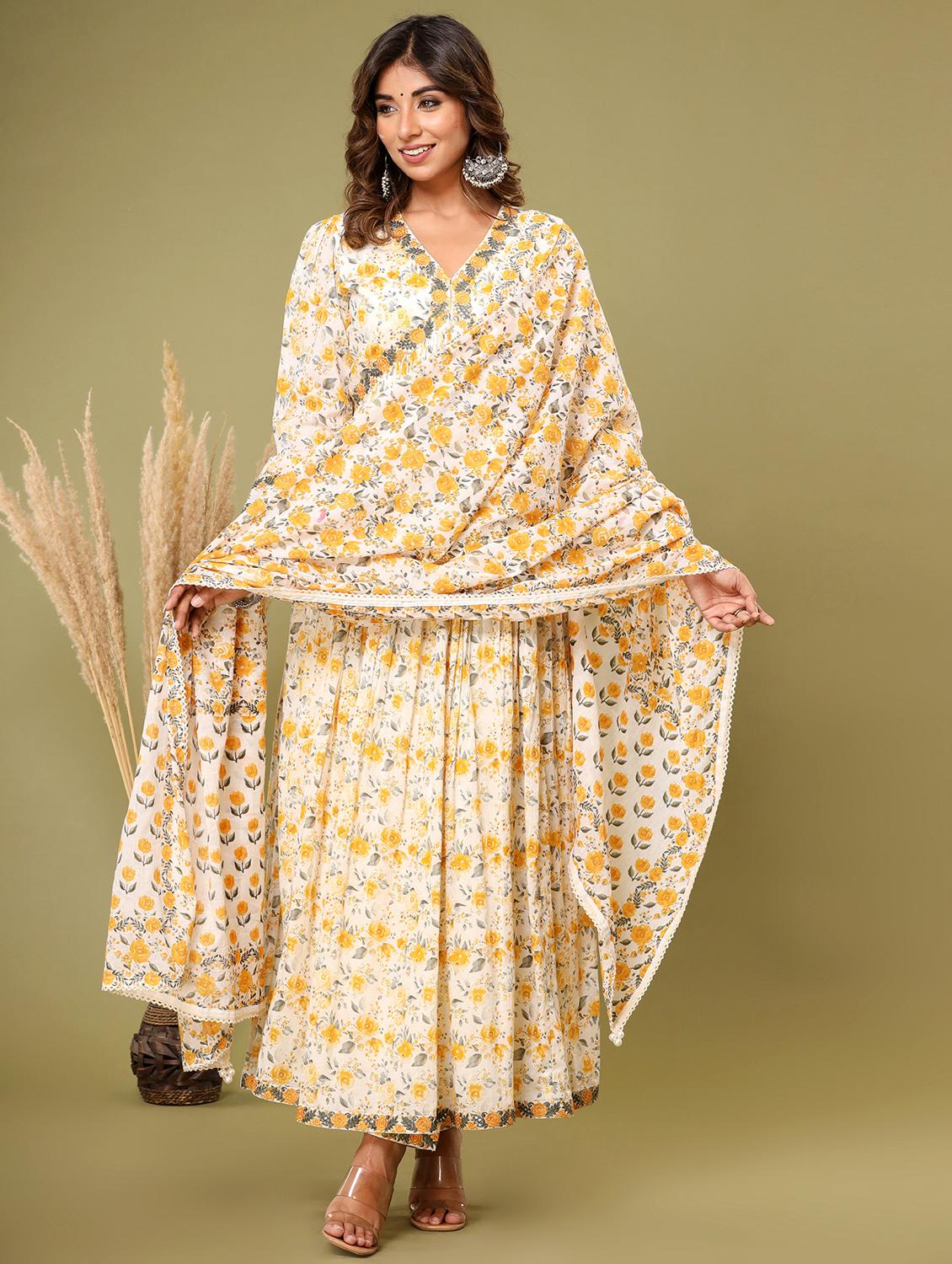 yellow embroidered three quarter sleeve suit set - 20133261 -  Zoom Image - 0