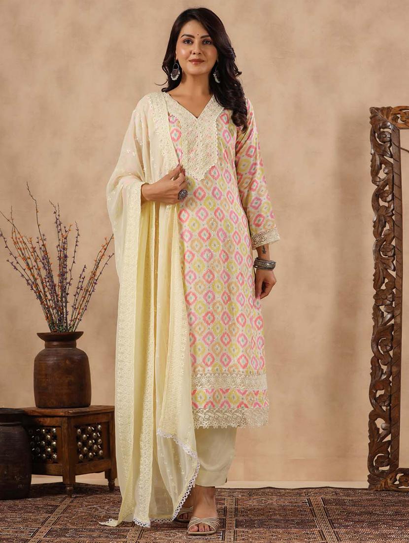 cream printed three quarter sleeve suit set - 20133264 -  Zoom Image - 0