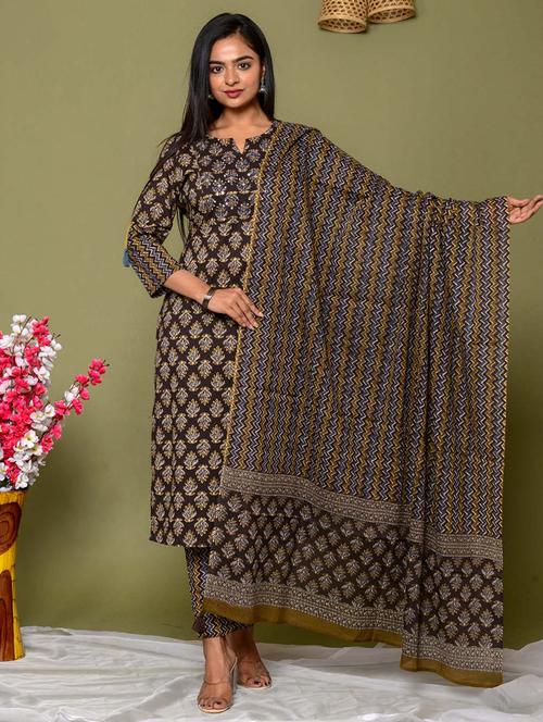brown printed three quarter sleeve suit set - 20133272 -  Standard Image - 0