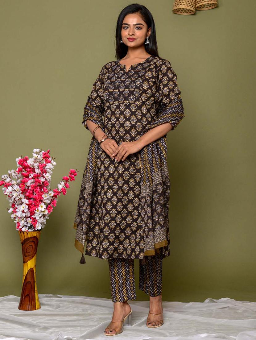 brown printed three quarter sleeve suit set - 20133272 - Standard Image - 3