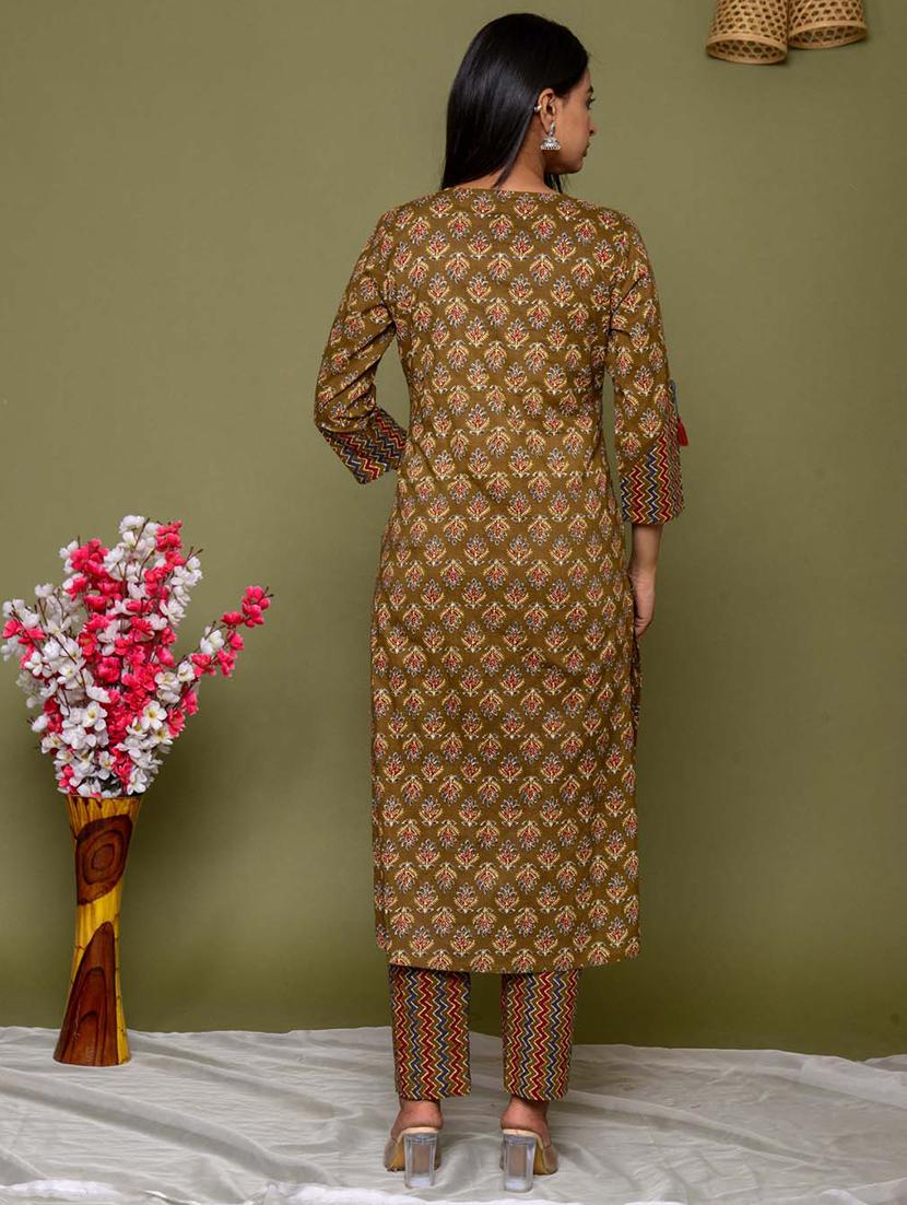 green printed three quarter sleeve suit set - 20133273 - Standard Image - 3