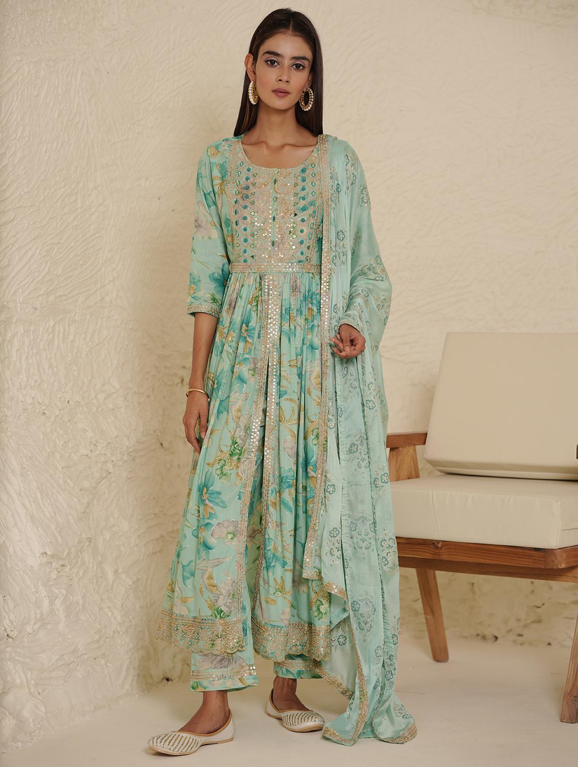 blue printed with embroidery work suit set - 20133282 -  Zoom Image - 0