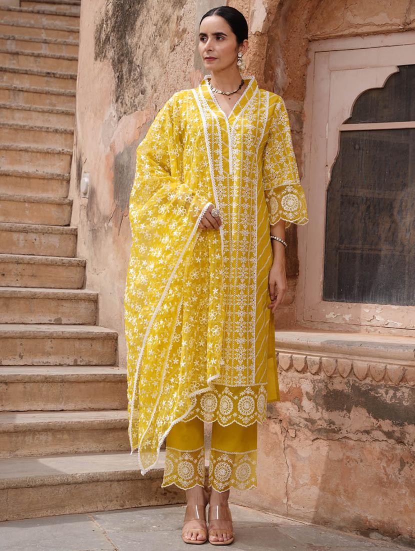 yellow three quater sleeves embroidered suit set - 20133305 - Zoom Image - 0