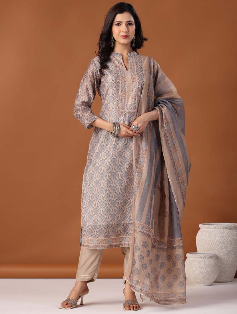 beige three quater sleeves printed suit set - 20133309 -  Zoom Image - 0