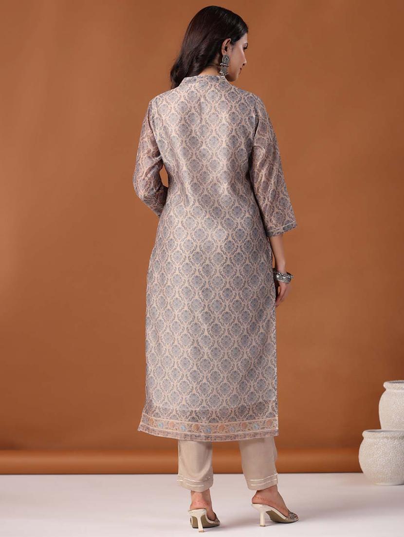 beige three quater sleeves printed suit set - 20133309 - Standard Image - 3