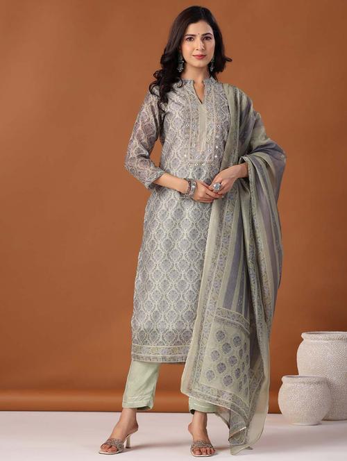 green three quater sleeves printed suit set - 20133310 -  Standard Image - 0