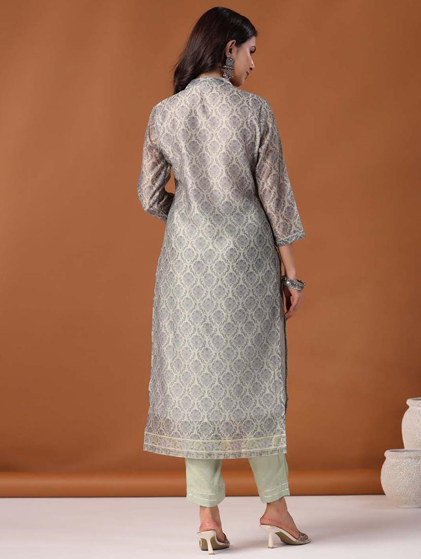 green three quater sleeves printed suit set - 20133310 - Standard Image - 3