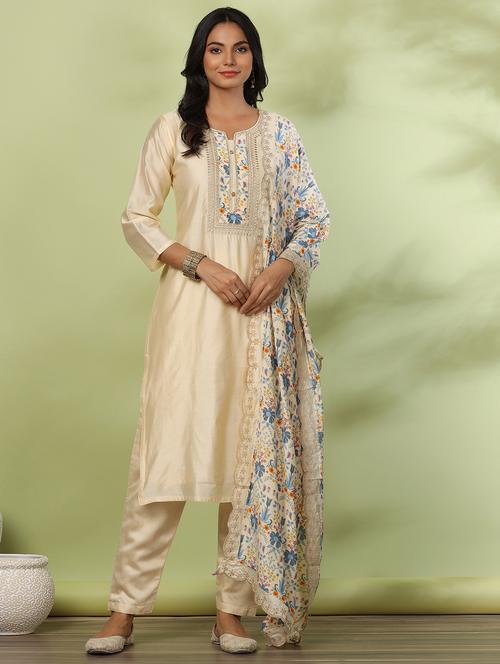 beige three quater sleeves solid suit set - 20133315 -  Standard Image - 0