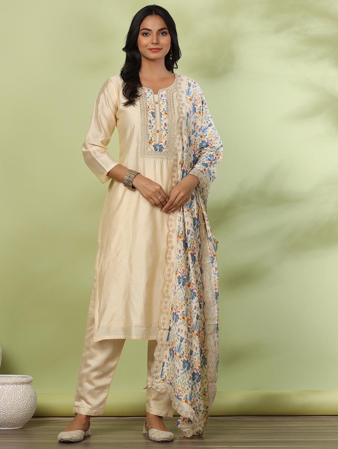 beige three quater sleeves solid suit set - 20133315 -  Zoom Image - 0