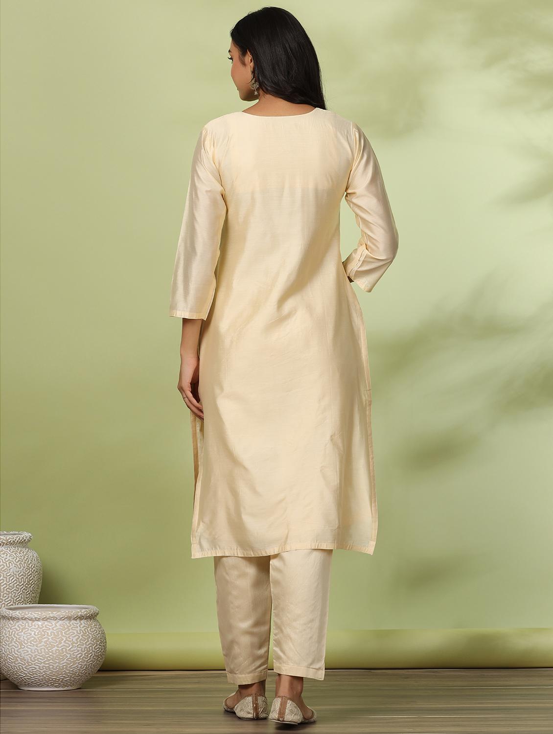 beige three quater sleeves solid suit set - 20133315 - Standard Image - 3
