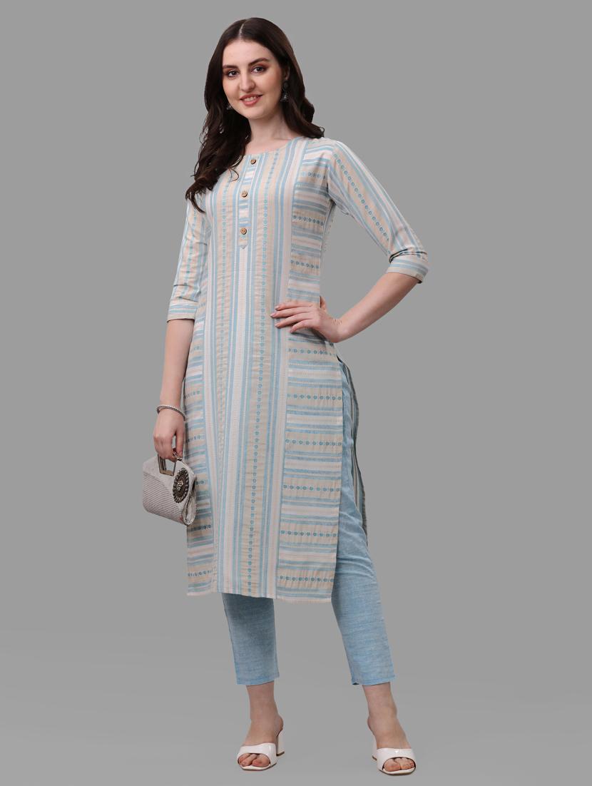 blue three quarter sleeve kurta pant set - 20133376 - Zoom Image - 0