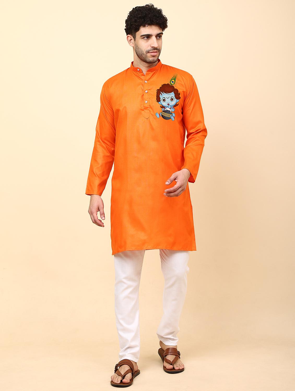 orange cotton blend kurta pyjama ethnic wear set - 20133603 - Zoom Image - 0