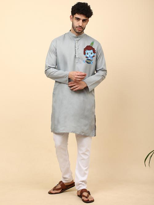 grey cotton blend kurta pyjama ethnic wear set - 20133608 -  Standard Image - 0