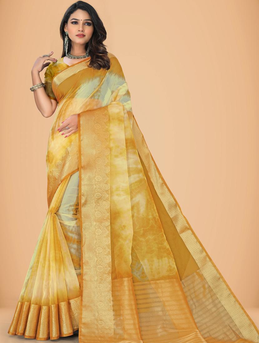 women's shibori yellow colored saree with blouse - 20133780 - Zoom Image - 0