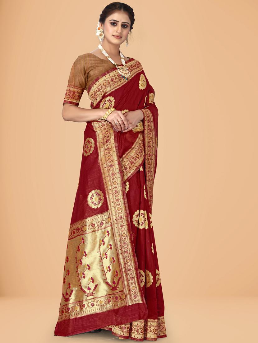 maroon cotton blend banarasi saree with blouse - 20133801 -  Zoom Image - 0
