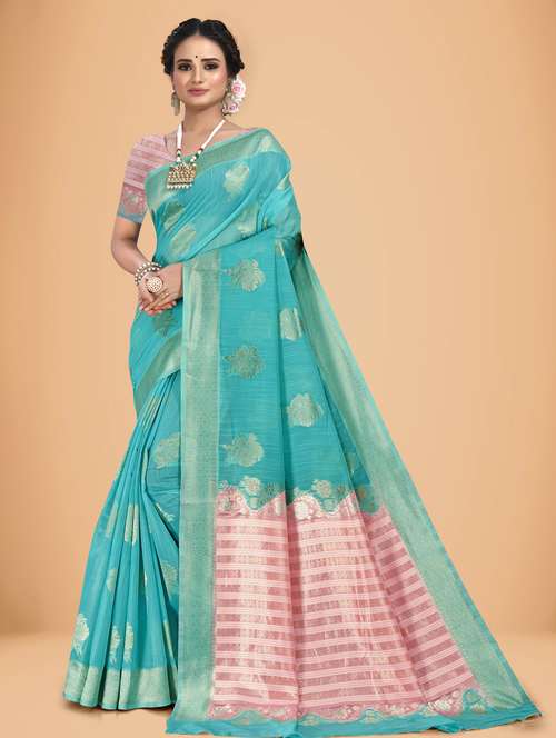 light blue self design woven saree with blouse - 20135418 - Standard Image - 0