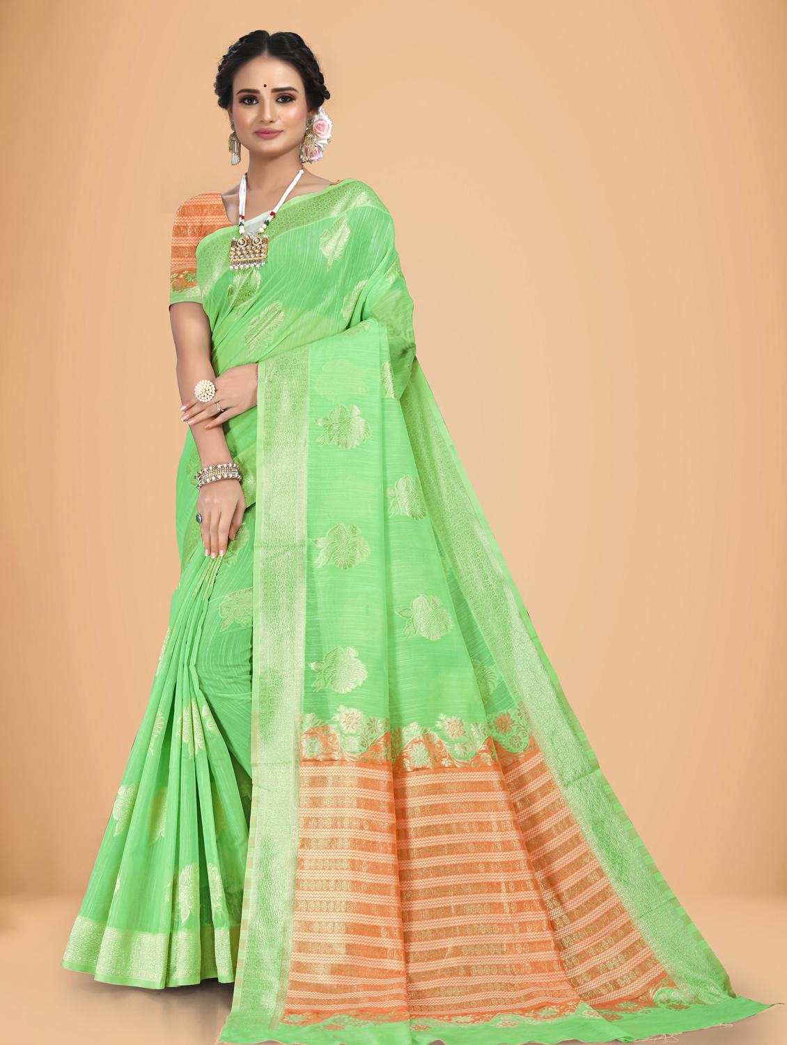 light green self design woven saree with blouse - 20135419 - Zoom Image - 0
