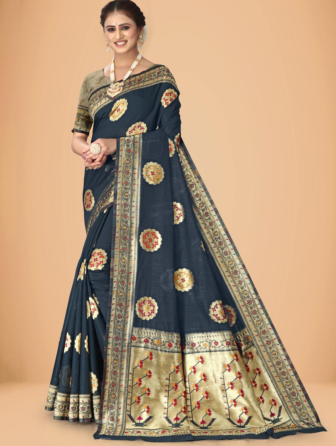 navy self design woven saree with blouse - 20135435 - Zoom Image - 0