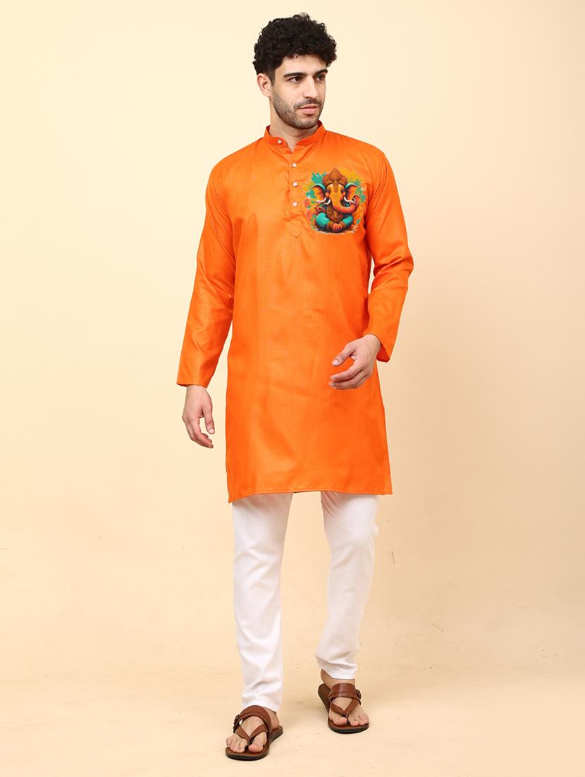 orange cotton blend kurta pyjama ethnic wear set - 20135492 - Zoom Image - 0