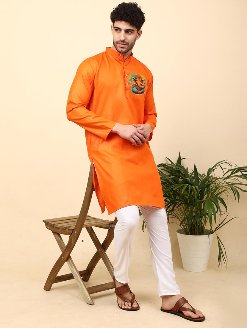 orange cotton blend kurta pyjama ethnic wear set - 20135492 - Standard Image - 3