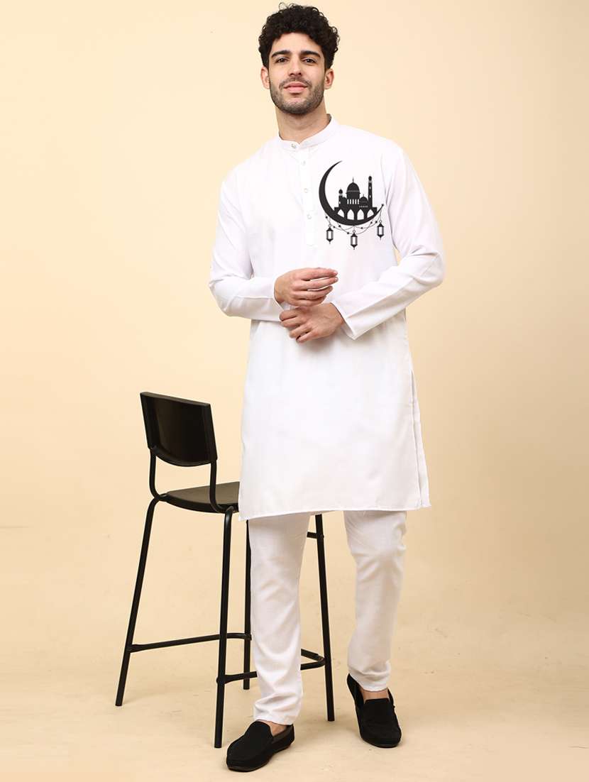 white cotton blend kurta pyjama ethnic wear set - 20135518 - Zoom Image - 0