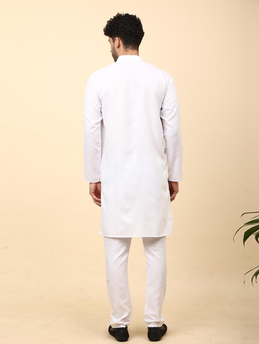 white cotton blend kurta pyjama ethnic wear set - 20136436 - Standard Image - 3