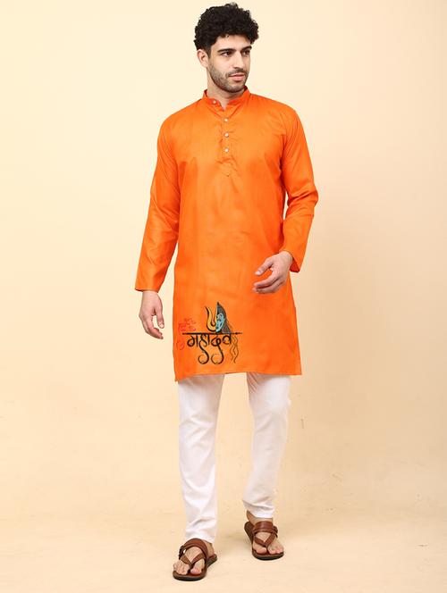 orange cotton blend kurta pyjama ethnic wear set - 20136437 - Standard Image - 0