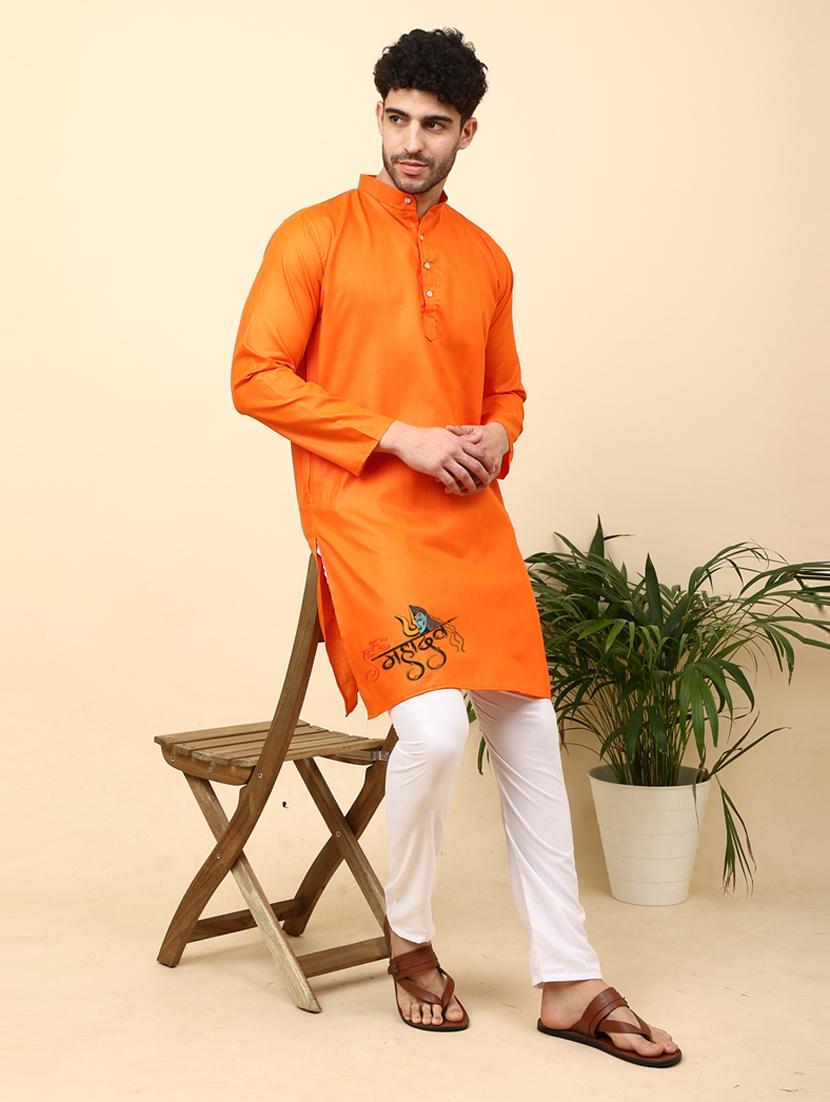 orange cotton blend kurta pyjama ethnic wear set - 20136437 - Standard Image - 3