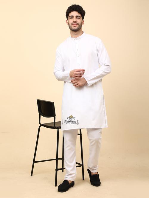 white cotton blend kurta pyjama ethnic wear set - 20136444 -  Standard Image - 0