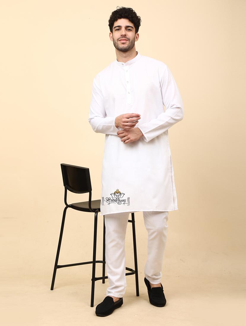 white cotton blend kurta pyjama ethnic wear set - 20136444 -  Zoom Image - 0