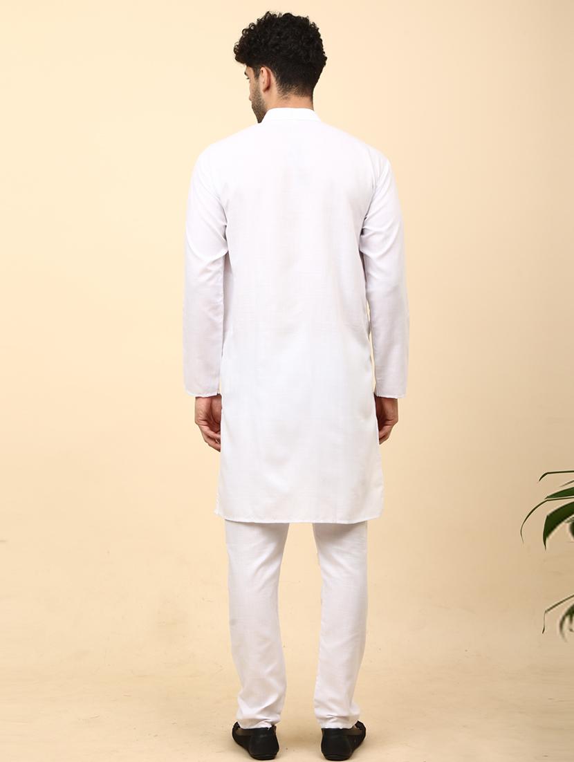 white cotton blend kurta pyjama ethnic wear set - 20136444 - Standard Image - 3