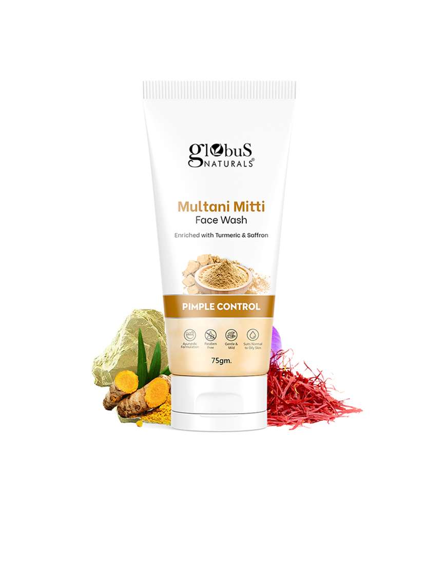 globus naturals multani mitti face wash, enriched with turmeric & saffron, 75 gm