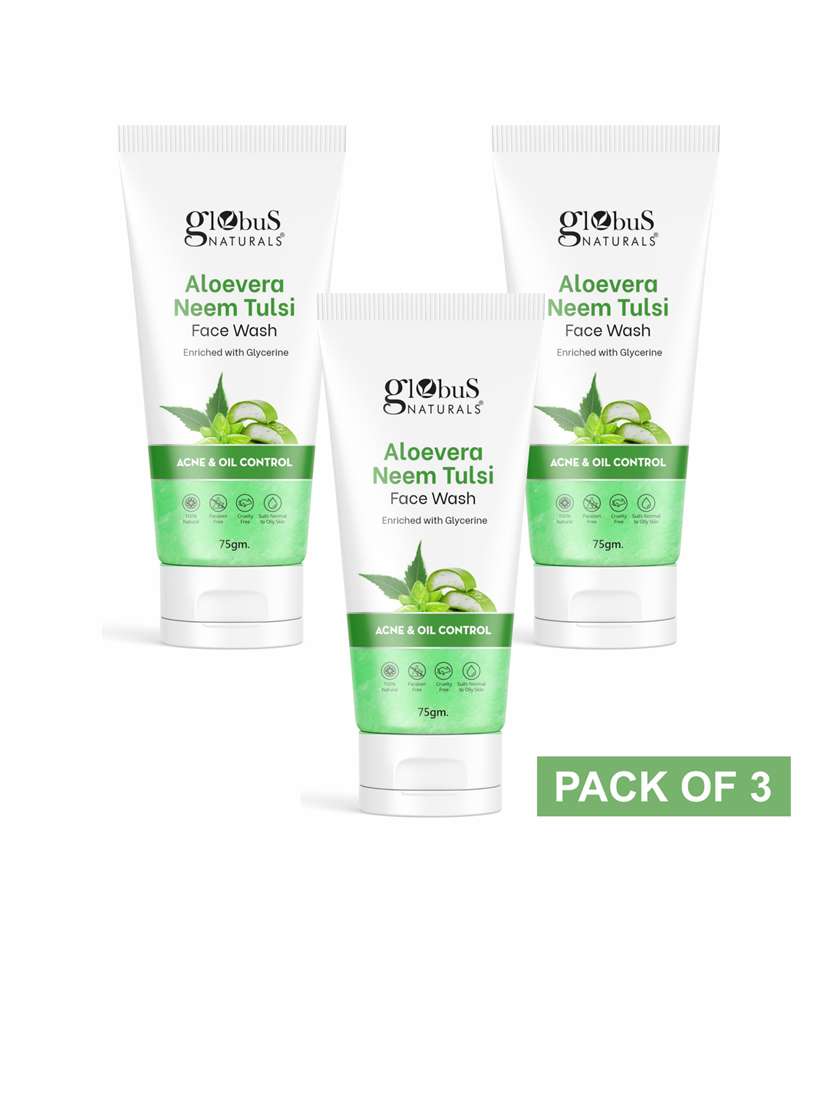 globus naturals aloe vera neem tulsi face wash 75gm, set of 3
