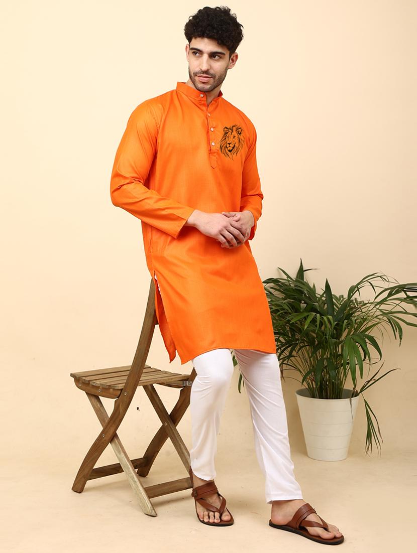 orange cotton blend kurta pyjama ethnic wear set - 20136711 - Standard Image - 3