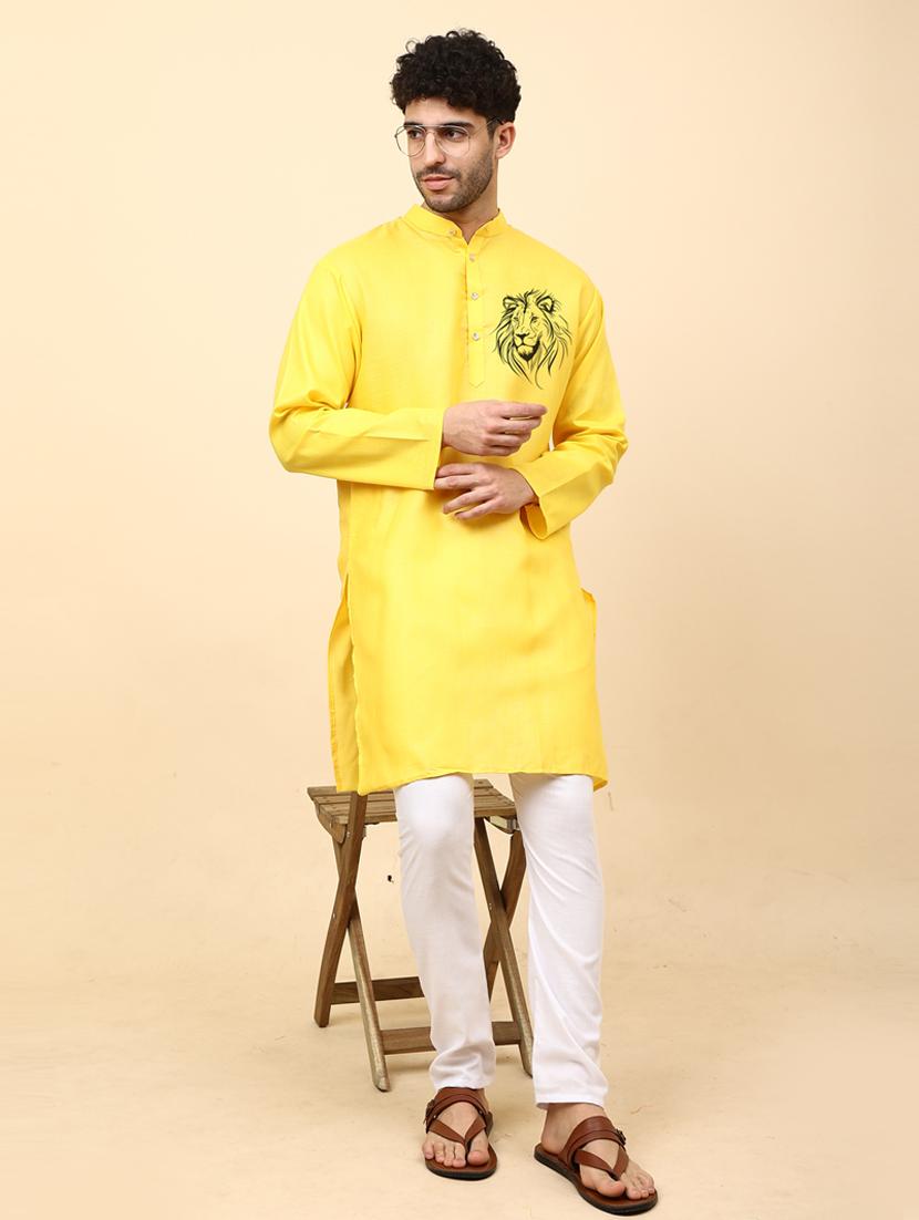 yellow cotton blend kurta pyjama ethnic wear set - 20136715 - Zoom Image - 0