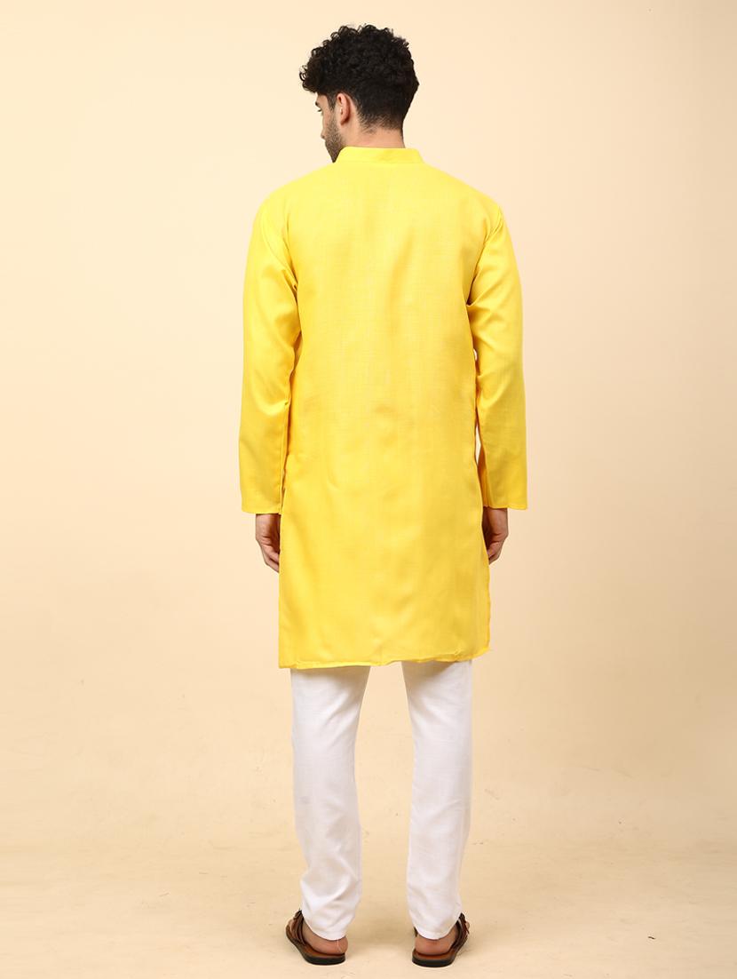 yellow cotton blend kurta pyjama ethnic wear set - 20136715 - Standard Image - 3