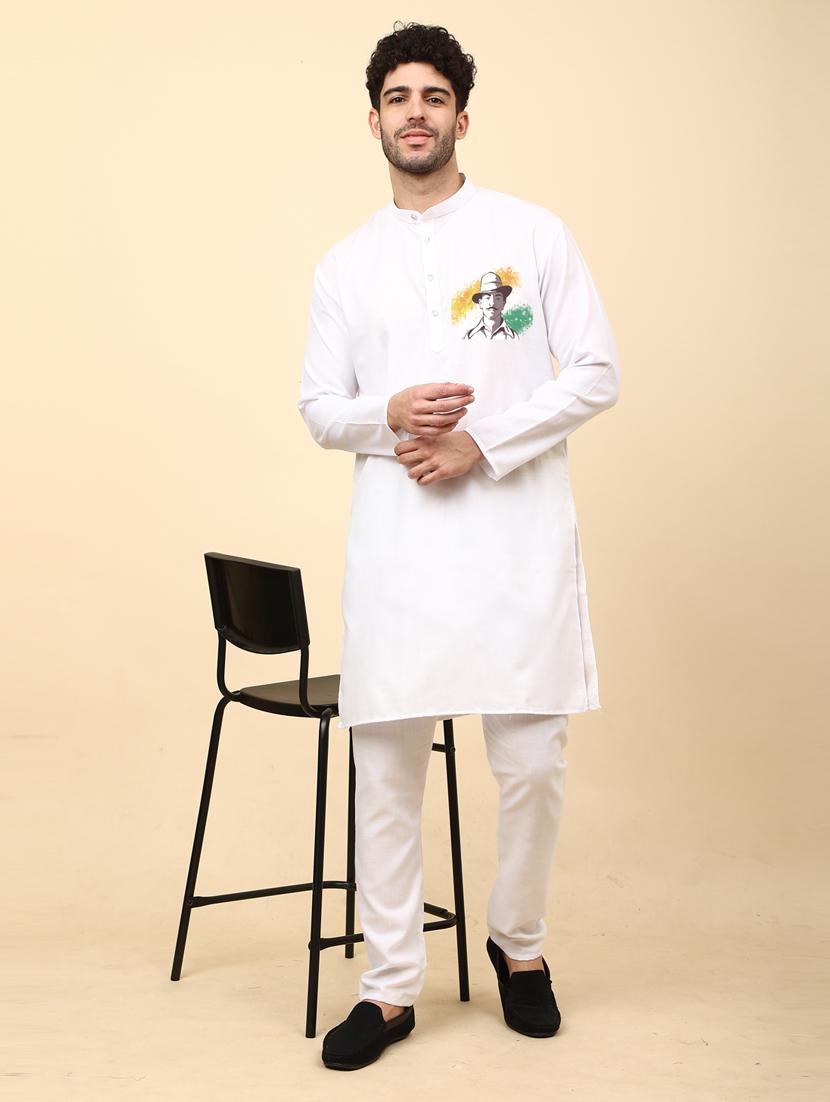 white cotton blend kurta pyjama ethnic wear set - 20136721 -  Zoom Image - 0