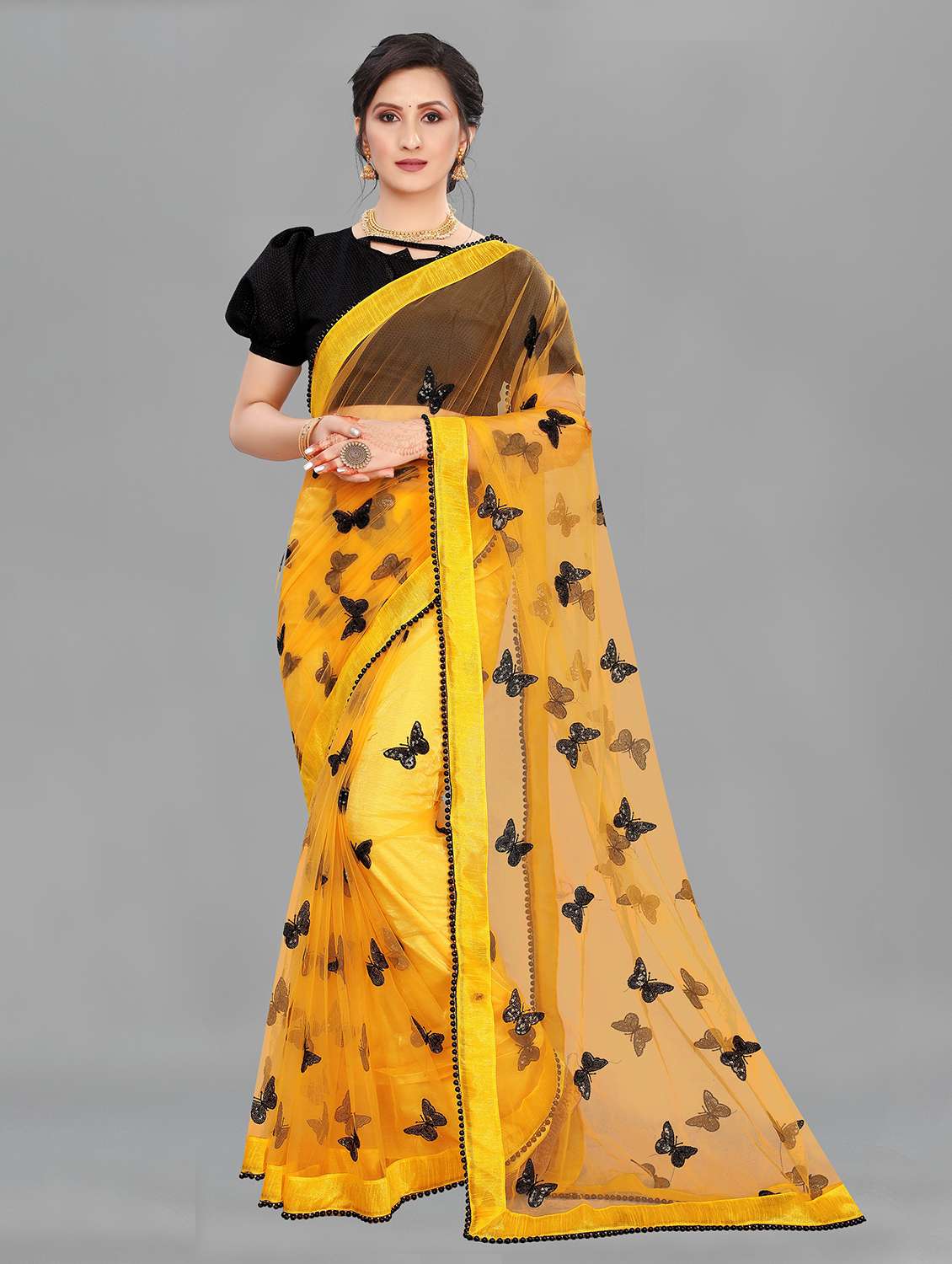 yellow embellished woven saree with blouse