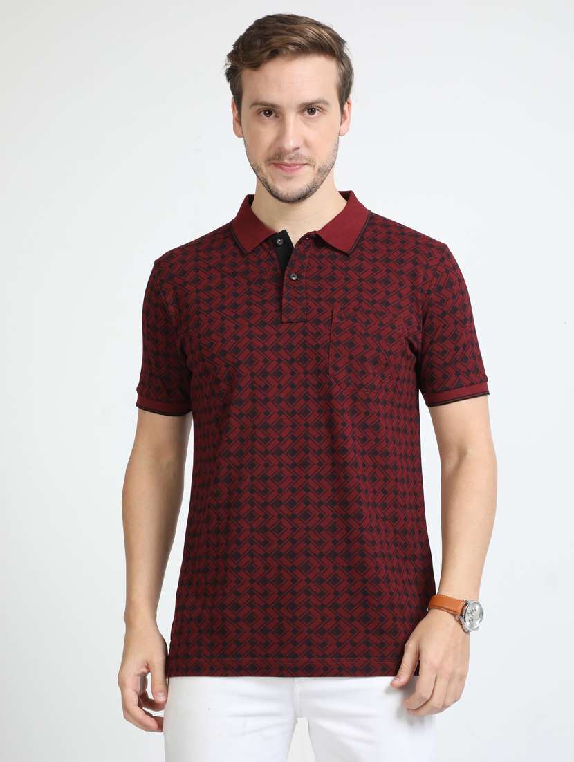 maroon printed short sleeve polo t-shirt 