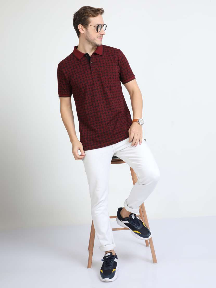 maroon printed short sleeve polo t-shirt  - 20137156 -  Standard Image - 3