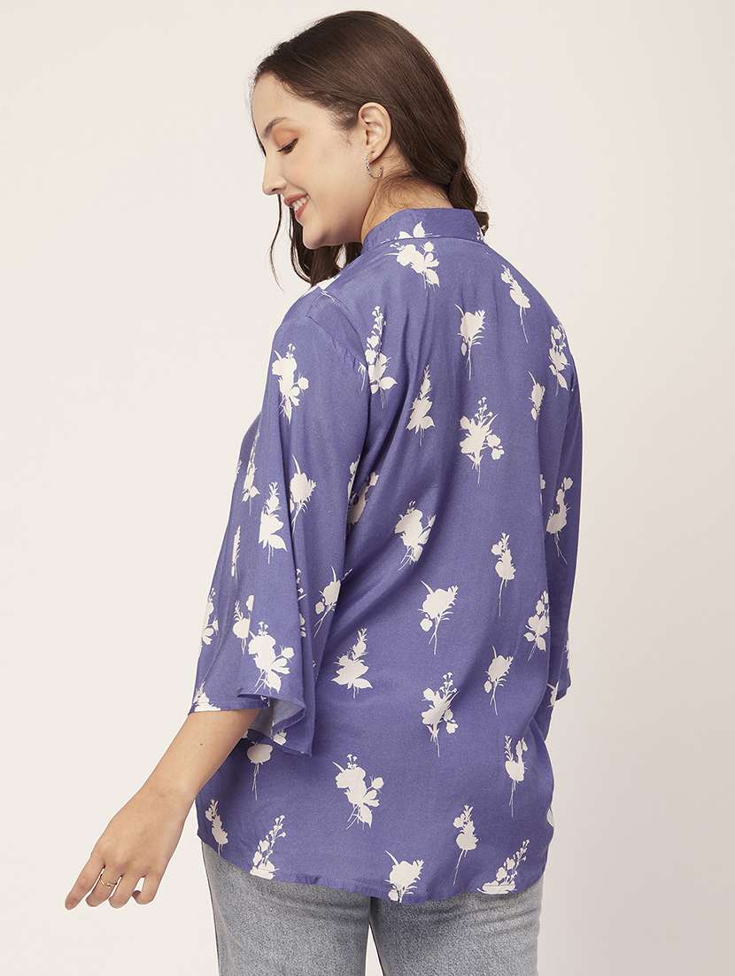 lavender mandarin neck florals printed shirt - 20148977 -  Standard Image - 3