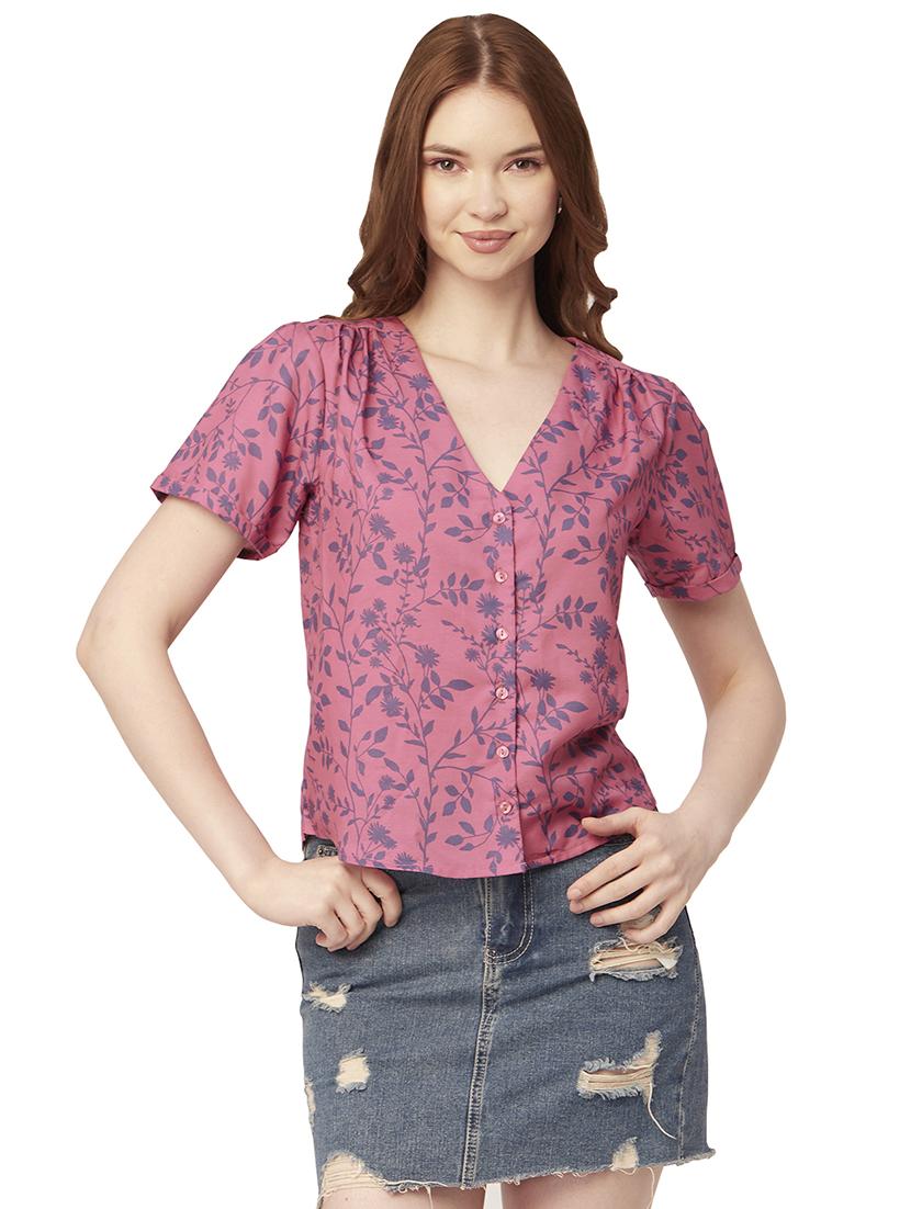 pink floral print v neck regular fit top - 20149011 -  Zoom Image - 0