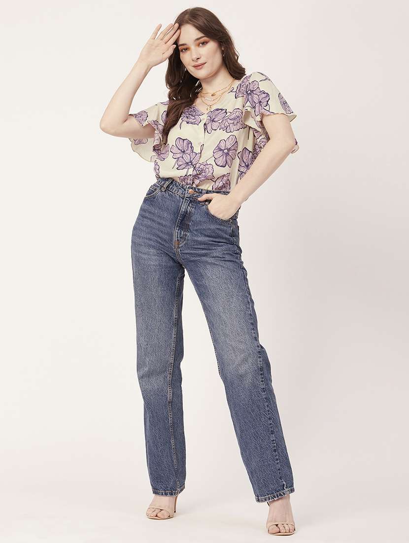 beige floral print bell sleeves regular fit top - 20149027 -  Standard Image - 3